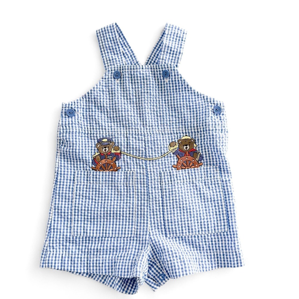 Vintage Seersucker Sailor Shortall Romper Teddy Bear Nautical Baby Boy 6-9 mos